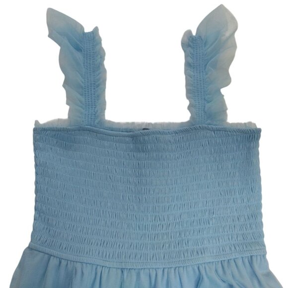 Trixxi Blue Maxi Dress, Ruffled Straps, Smocked Bodice, Size L, Polyester Mesh. - Picture 5 of 7